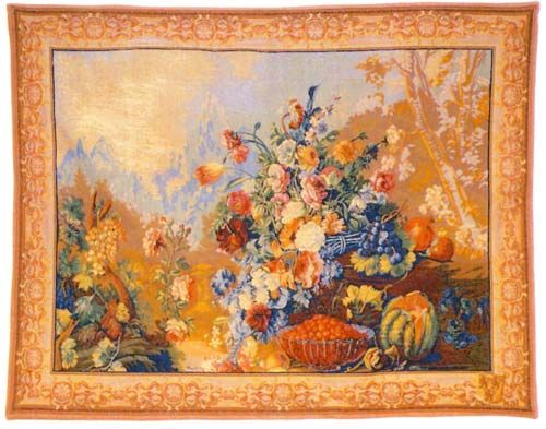 Bouquet d Arlay I French Wall Tapestry W-3575, 10-29Inchestall, 27H, 30-39Incheswide, 36W, Arlay, Blue, Border, Bouquet, D, Floral, Flowers, French, Fruit, Gold, Group, Horizontal, I, Orange, Tapestry, Wall, Frenchwoven, Europeanwoven, tapestries, tapestrys, hangings, and, the