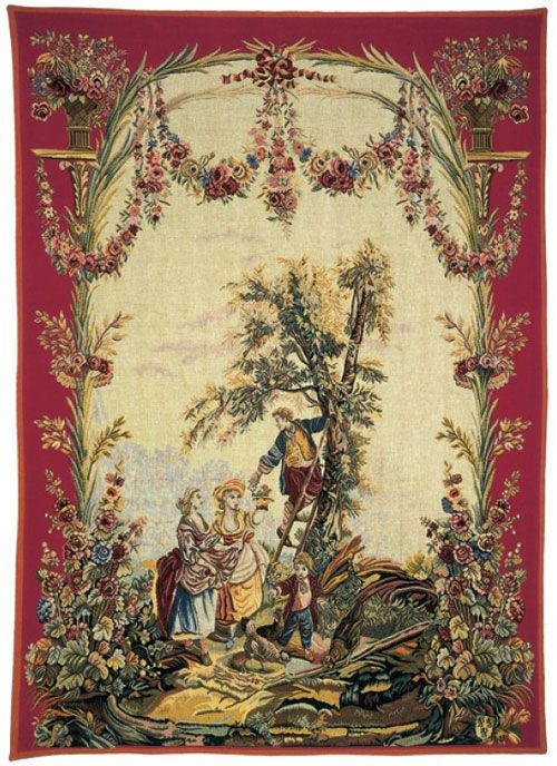Cherry Picking Time French Wall Tapestry W-3589, (Cherry, 40-49Incheswide, 40W, 50-59Inchestall, 50-59Incheswide, 56H, 56W, 80-99Inchestall, 80H, Big, Cerises, Cream, Des, Floral, Flowers, French, Large, Le, Really, Red, Tapestry, Temps, Time), Vertical, Wall, Frenchwoven, Europeanwoven, tapestries, tapestrys, hangings, and, the