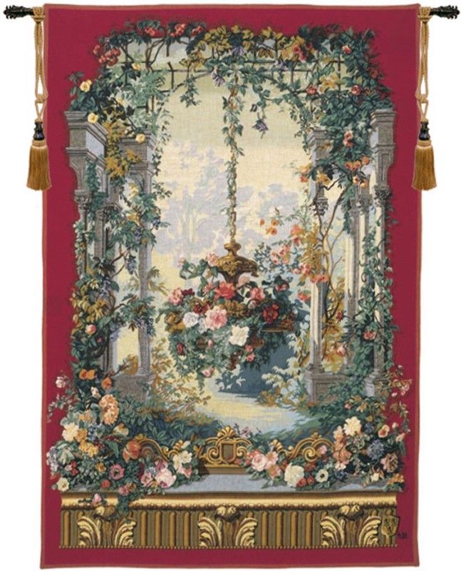 Jardin Rotonde French Wall Tapestry W-3590, 30-39Incheswide, 36W, 50-59Inchestall, 50-59Incheswide, 56H, 56W, 80-99Inchestall, 80H, Armide, Big, Cream, De, Floral, Flowers, French, Gold, Large, Really, Red, Rotonde, Tapestry, Vertical, Wall, Frenchwoven, Europeanwoven, tapestries, tapestrys, hangings, and, the