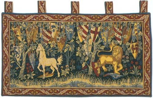 Lion et Licorne Unicorn Heraldiques French Wall Tapestry W-3602, 10-29Inchestall, 20H, 30-39Incheswide, 38W, Arms, Border, Coat, Et, French, Green, Heraldiques, Horizontal, Licorne, Lion, Of, Red, Tapestry, Unicorn, Wall, Frenchwoven, Europeanwoven, tapestries, tapestrys, hangings, and, the, Renaissance, rennaisance, rennaissance, renaisance, renassance, renaissanse, pansu