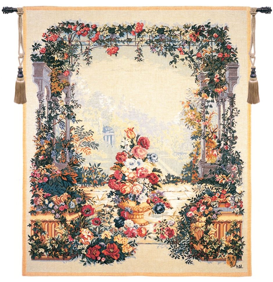 Jardin Bouquet French Wall Tapestry W-3618, 30-39Incheswide, 36W, 40-49Inchestall, 44H, 50-59Incheswide, 55W, 60-69Inchestall, 60H, Armide, Bouquet, Cream, De, Floral, Flowers, French, Gold, Tapestry, Vertical, Wall, White, Frenchwoven, Europeanwoven, tapestries, tapestrys, hangings, and, the