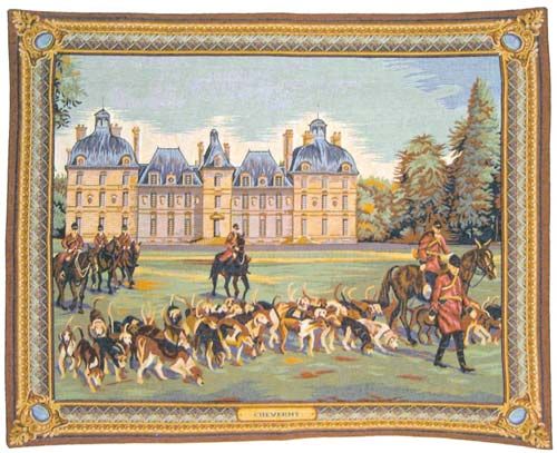 Cheverny Castle II French Wall Tapestry W-3626, 10-29Inchestall, 27H, 30-39Incheswide, 34W, Border, Castle, Cheverny, Dogs, French, Gold, Horizontal, Ii, Tapestry, Wall, Frenchwoven, Europeanwoven, tapestries, tapestrys, hangings, and, the, Renaissance, rennaisance, rennaissance, renaisance, renassance, renaissanse