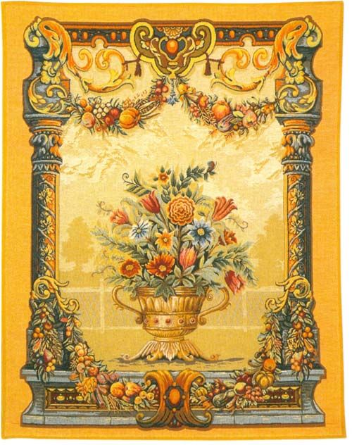 Jardin Beusmesnil French Wall Tapestry W-3654, 10-29Inchestall, 28H, 30-39Incheswide, 34W, 35W, 40-49Inchestall, 46H, Beusmesnil, Floral, Flowers, French, Horizontal, Jardin, Tapestry, Wall, Yellow, Frenchwoven, Europeanwoven, tapestries, tapestrys, hangings, and, the
