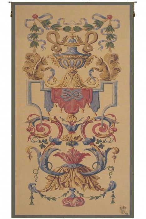 Vaux-le-Vicomte French Wall Tapestry W-3656, 30-39Incheswide, 34W, 40-49Incheswide, 42W, 60-69Inchestall, 64H, 80-99Inchestall, 92H, Big, Cream, French, Large, Light, Really, Red, Tapestry, Vaux-Le-Vicomte, Vertical, Wall, Yellow, Frenchwoven, Europeanwoven, tapestries, tapestrys, hangings, and, the