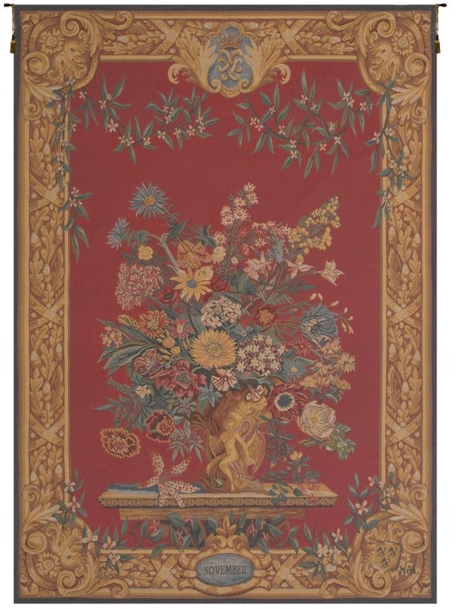 Vaux-le-Vicomte November French Wall Tapestry W-3662, 10-29Incheswide, 27W, 30-39Inchestall, 30-39Incheswide, 36W, 38H, 50-59Inchestall, 50H, Border, Floral, Flowers, French, Gold, November, Red, Tapestry, Vaux-Le-Vicomte, Vertical, Wall, Frenchwoven, Europeanwoven, tapestries, tapestrys, hangings, and, the