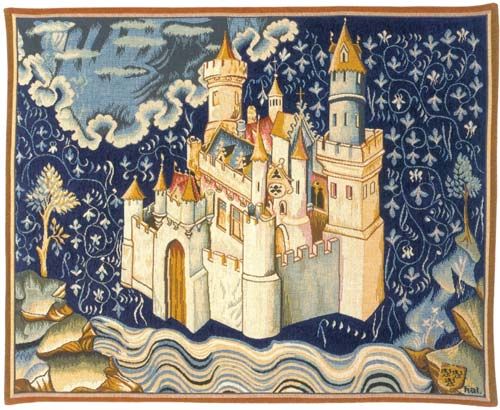 Le Chateau de L Apocalypse French Wall Tapestry W-3669, 10-29Inchestall, 27H, 30-39Incheswide, 35W, Apocalypse, Blue, Castle, Chateau, Cream, De, French, Horizontal, L, Le, Tapestry, Wall, White, Frenchwoven, Europeanwoven, tapestries, tapestrys, hangings, and, the