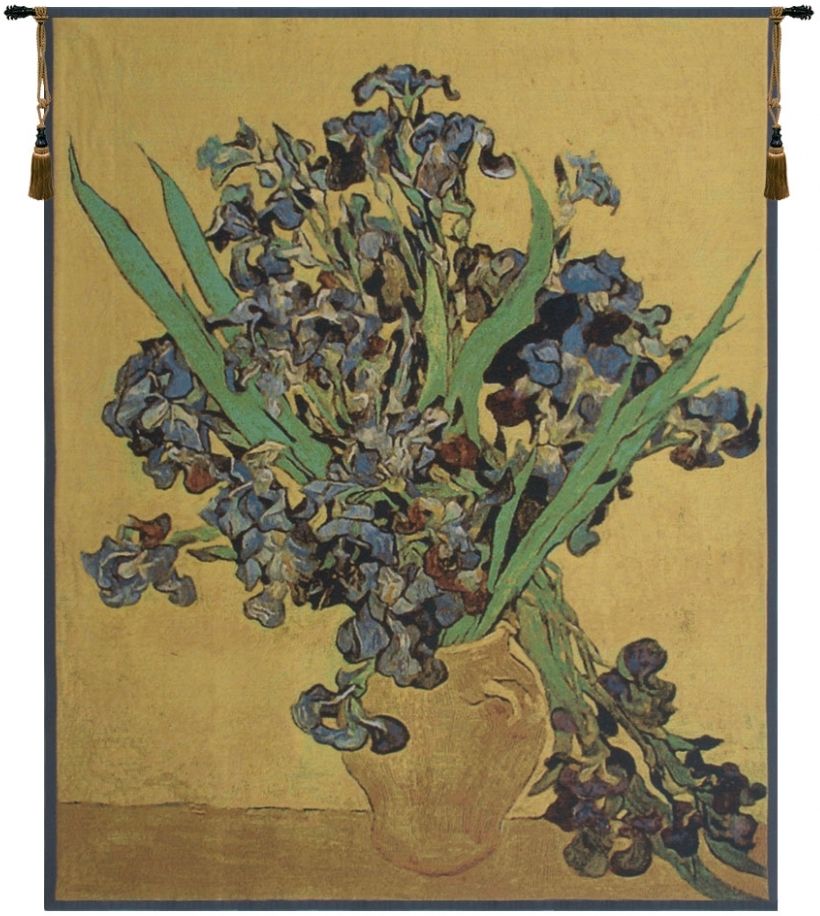 Van Gogh Iris Gold Belgian Wall Tapestry W-3921, Iris, 10-29Incheswide, 28W, 30-39Inchestall, 30-39Incheswide, 36H, 36W, 40-49Inchestall, 45H, Belgian, Blue, Brown, Cream, Gogh, Gold, Tapestry, Van, Vertical, Wall, White, Belgianwoven, Europeanwoven, tapestries, tapestrys, hangings, and, the