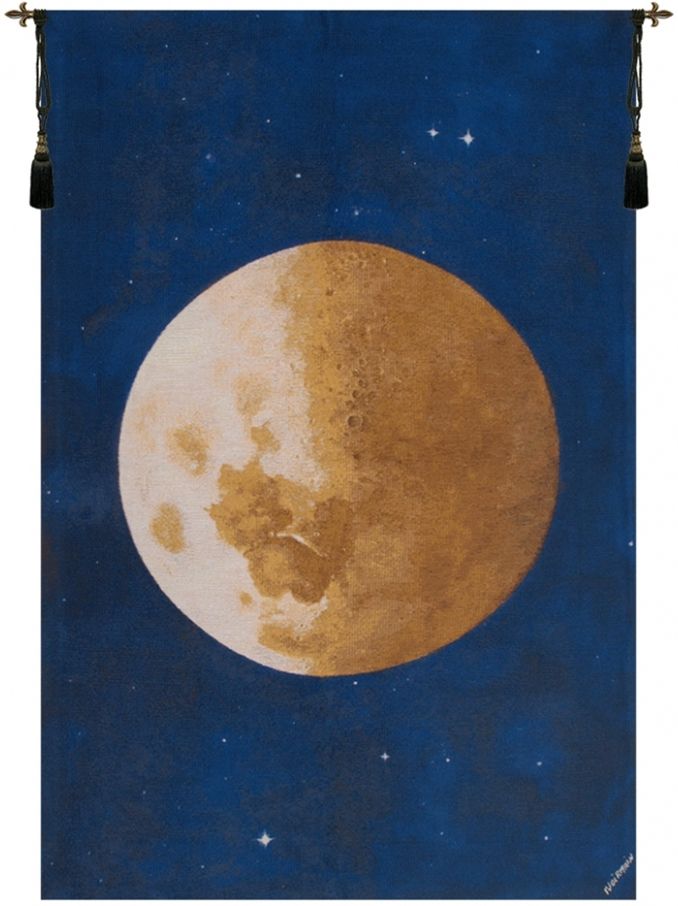 Moon Belgian Wall Tapestry W-3923, 10-29Incheswide, 27W, 30-39Incheswide, 36W, 40-49Inchestall, 40-49Incheswide, 42H, 48W, 50-59Inchestall, 57H, 70-79Inchestall, 74H, Belgian, Blue, Cream, Moon, Tapestry, Vertical, Wall, White, Belgianwoven, Europeanwoven, tapestries, tapestrys, hangings, and, the