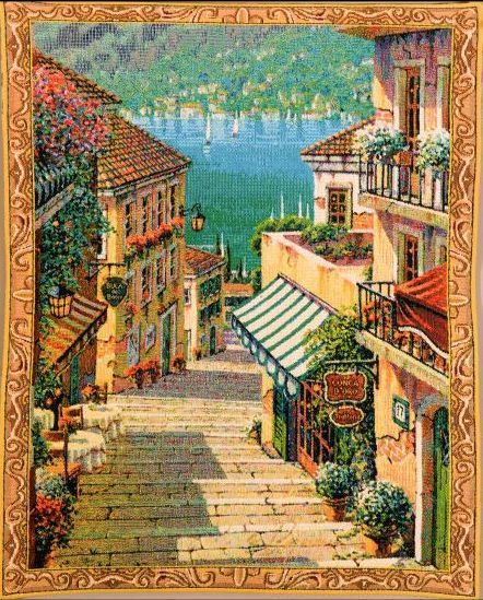 Bellagio Village Mini Belgian Wall Tapestry W-3930, 10-29Inchestall, 10-29Incheswide, 20W, 26H, Belgian, Bellagio, Blue, Border, Gold, Green, Mini, Tapestry, Vertical, Village, Wall, Yellow, Belgianwoven, Europeanwoven, tapestries, tapestrys, hangings, and, the