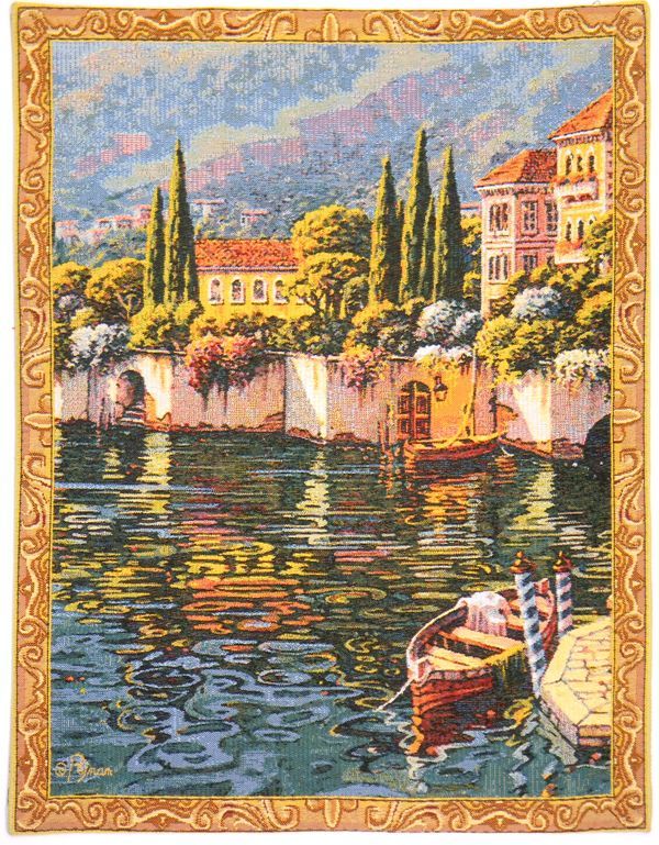 Lake Como Varenna Reflections Mini Belgian Wall Tapestry W-3931, 10-29Inchestall, 10-29Incheswide, 20W, 26H, Belgian, Blue, Border, Como, Gold, Green, Lake, Mini, Reflections, Tapestry, Varenna, Vertical, Wall, Yellow, Belgianwoven, Europeanwoven, tapestries, tapestrys, hangings, and, the