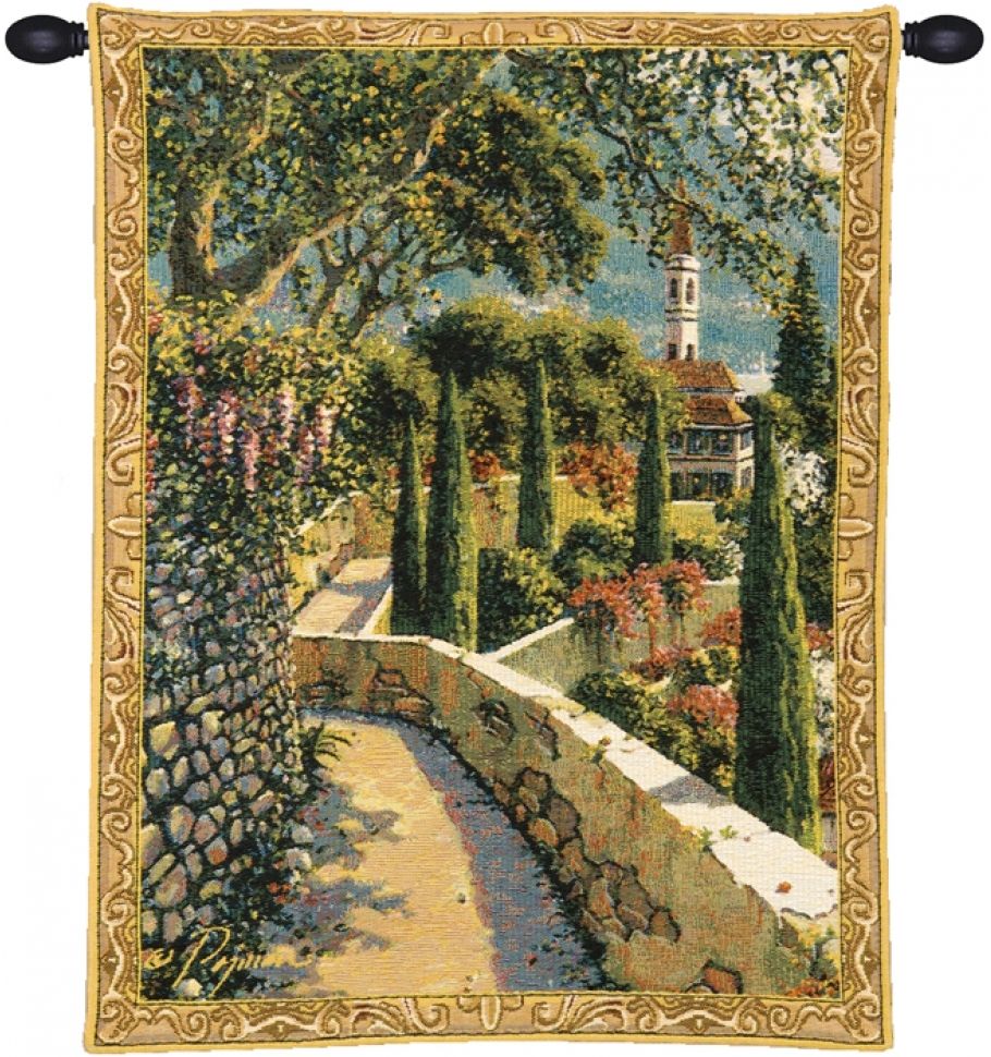 Lake Como Varenna Vista Mini Belgian Wall Tapestry W-3934, 10-29Inchestall, 10-29Incheswide, 20W, 26H, Belgian, Border, Como, Gold, Lake, Mini, Tapestry, Varenna, Vertical, Vista, Wall, Yellow, Belgianwoven, Europeanwoven, tapestries, tapestrys, hangings, and, the