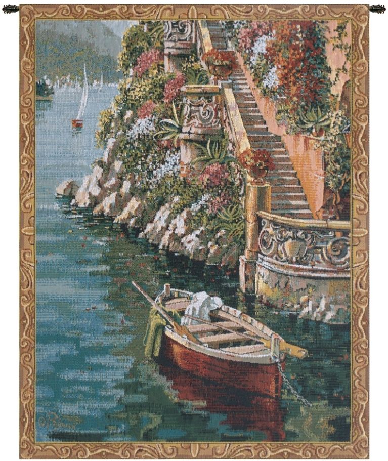Lake Como Villa Mini Belgian Wall Tapestry W-3935, 10-29Inchestall, 10-29Incheswide, 20W, 26H, Belgian, Border, Como, Gold, Green, Lake, Mini, Red, Tapestry, Vertical, Villa, Wall, Yellow, Belgianwoven, Europeanwoven, tapestries, tapestrys, hangings, and, the