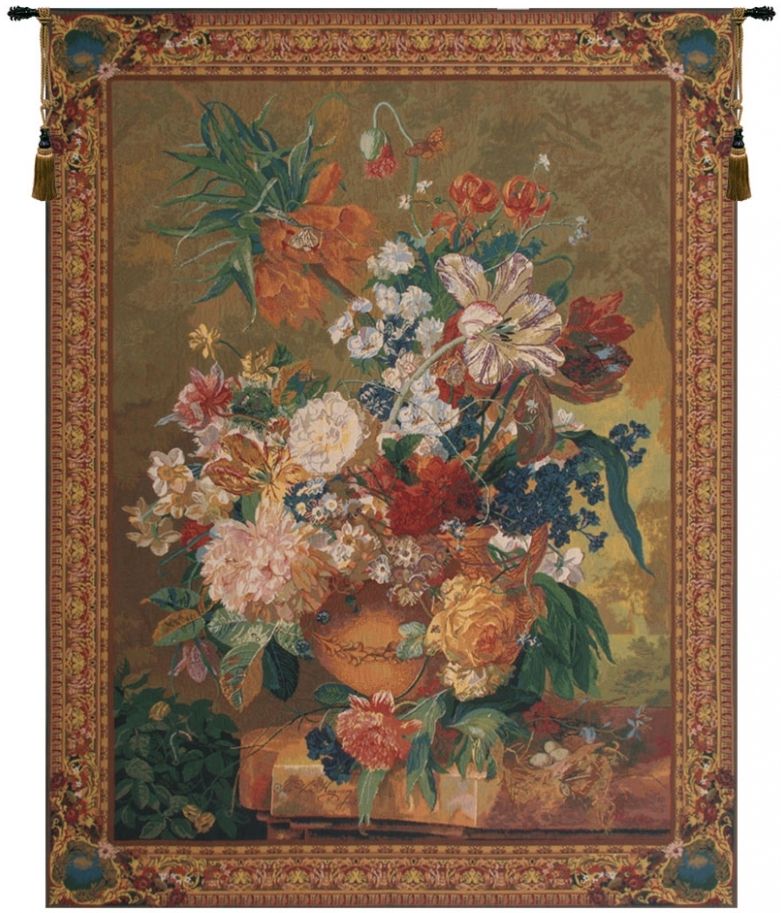 Terracotta Floral Bouquet Gold Belgian Wall Tapestry W-3939, 40-49Incheswide, 48W, 60-69Inchestall, 64H, Belgian, Border, Bouquet, Floral, Gold, Green, Mixed, Red, Tapestry, Terracotta, Vertical, Wall, Belgianwoven, Europeanwoven, tapestries, tapestrys, hangings, and, the