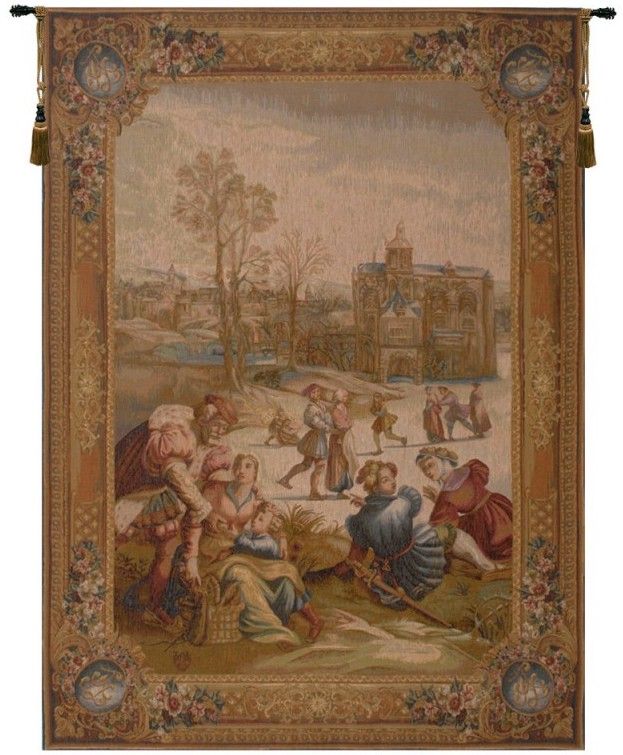 Ice Skaters Vertical French Wall Tapestry winter, pastoral, skating, border, renaissance