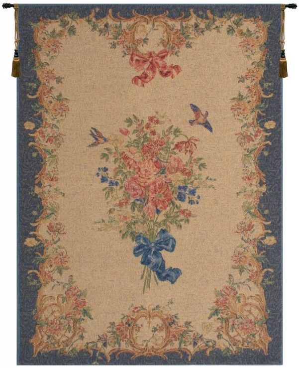 Blue Ribbon Bouquet French Wall Tapestry blue, birds, Chenonceaux, ribbon, Chenonceau, border