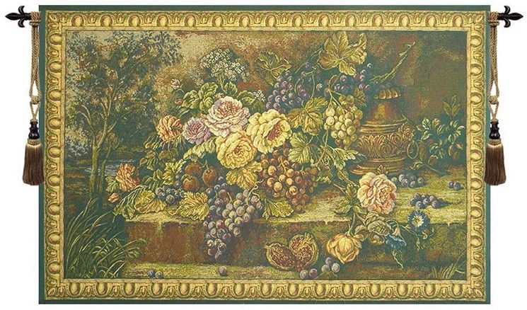 Bouquet with Grapes Green Italian Wall Tapestry Hanging, Tapestries, Woven, tapestries, tapestrys, hangings, and, the