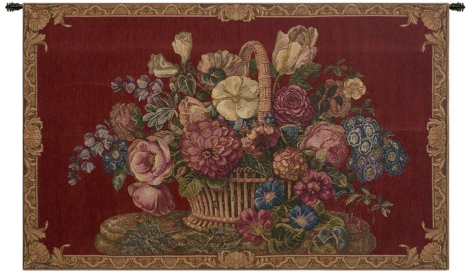 Flower Basket Burgundy Italian Wall Tapestry Hanging, Tapestries, Woven, tapestries, tapestrys, hangings, and, the