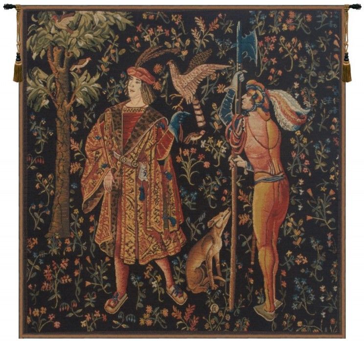 Falconer Mille Fleure Belgian Wall Tapestry W-5327, 30-39Inchestall, 30-39Incheswide, 32H, 32W, Belgian, Black, Blue, Dark, Falconer, Fleure, Floral, Flower, Mille, Orange, Red, Square, Tapestry, Wall, Belgianwoven, Europeanwoven, tapestries, tapestrys, hangings, and, the, Renaissance, rennaisance, rennaissance, renaisance, renassance, renaissanse