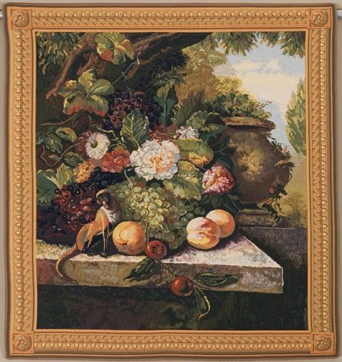 Monkey In Still Life I Belgian Wall Tapestry W-5329, 30-39Inchestall, 30-39Incheswide, 37W, 39H, Belgian, Border, Floral, Flowers, Fruit, Gold, Grapes, Group, I, In, Life, Monkey, Square, Still, Tapestry, Wall, Yellow, Belgianwoven, Europeanwoven, tapestries, tapestrys, hangings, and, the