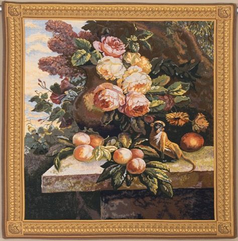 Monkey In Still Life II Belgian Wall Tapestry W-5330, 30-39Inchestall, 30-39Incheswide, 37W, 39H, Belgian, Border, Floral, Flowers, Fruit, Gold, Grapes, Group, Ii, In, Life, Monkey, Square, Still, Tapestry, Wall, Yellow, Belgianwoven, Europeanwoven, tapestries, tapestrys, hangings, and, the
