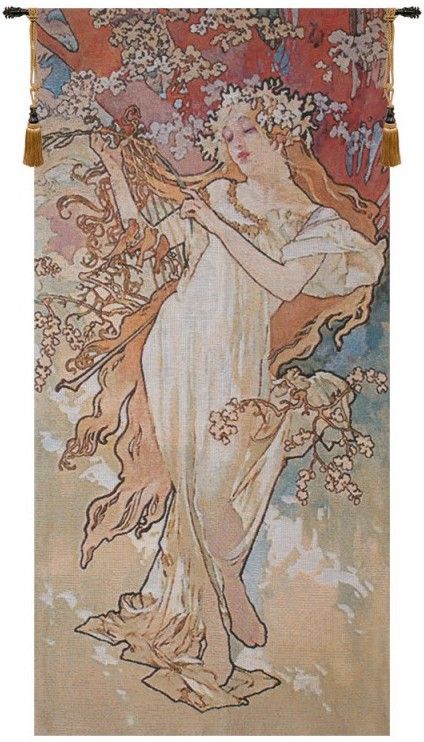 Nouveau Spring Belgian Wall Tapestry W-5335, 10-29Incheswide, 25W, 50-59Inchestall, 50H, Belgian, Blue, Floral, Flowers, Mucha, Pink, Red, Spring, Tapestry, Vertical, Wall, White, Belgianwoven, Europeanwoven, tapestries, tapestrys, hangings, and, the