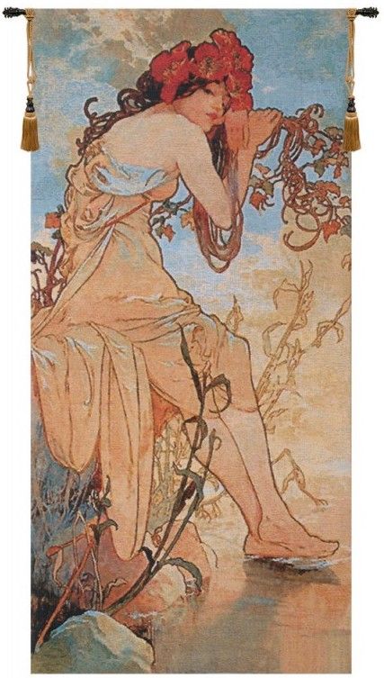 Nouveau Summer Belgian Wall Tapestry W-5337, 10-29Incheswide, 25W, 50-59Inchestall, 50H, Belgian, Blue, Cream, Mucha, Red, Summer, Tapestry, Vertical, Wall, White, Belgianwoven, Europeanwoven, tapestries, tapestrys, hangings, and, the
