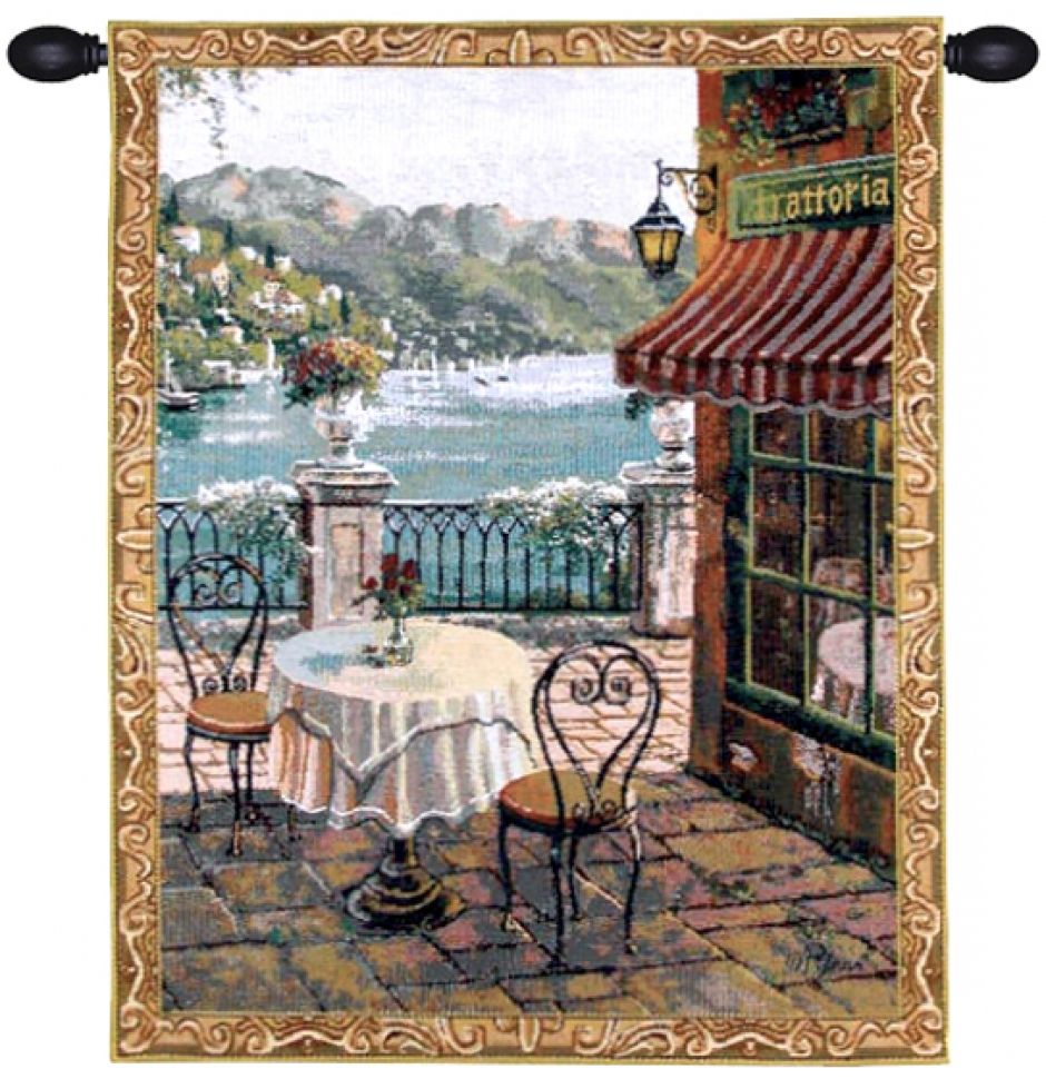 Lake Como Terrace Mini Belgian Wall Tapestry W-5345, 10-29Inchestall, 10-29Incheswide, 20W, 26H, Belgian, Blue, Border, Como, Gold, Green, Lake, Mini, Red, Tapestry, Terrace, Vertical, Wall, Belgianwoven, Europeanwoven, tapestries, tapestrys, hangings, and, the