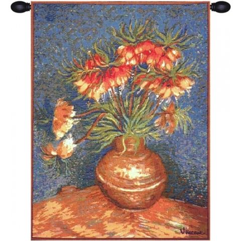 Van Gogh Lilies French Wall Tapestry W-5802, 10-29Inchestall, 10-29Incheswide, 18W, 25H, Abstract, Art, Blue, Cotton, Europe, European, Floral, France, French, Gogh, Grande, Hanging, Lilies, Of, Old, Olde, Orange, Tapastry, Tapestries, Tapestry, Tapistry, The, Van, Vertical, Wall, World, Woven, Frenchwoven, Europeanwoven, tapestries, tapestrys, hangings, and, the