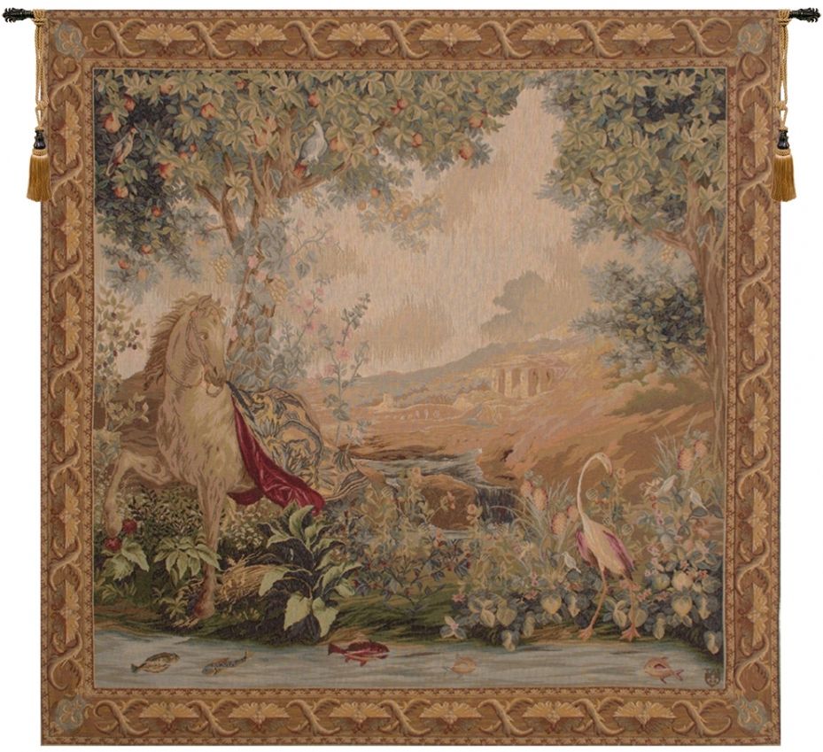 Le Point Deau French Wall Tapestry horses, birds, landscape, river, fish