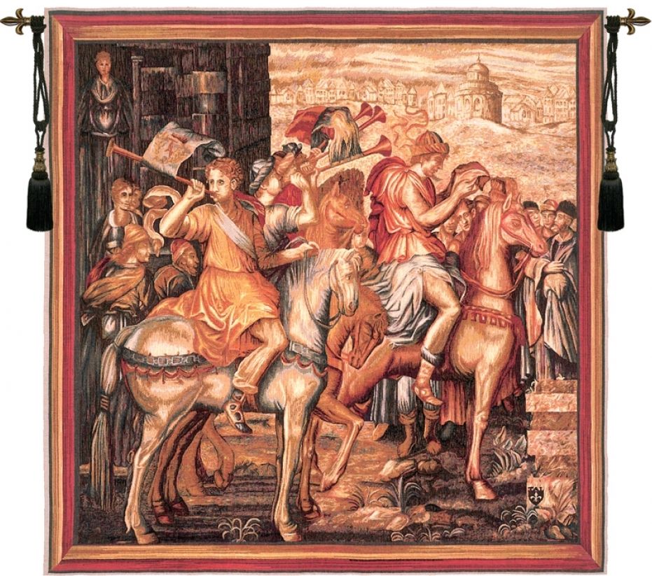 Heralding Trumpeters French Wall Tapestry W-665, 50-59Inchestall, 50-59Incheswide, 58H, 58W, Art, Brown, Cotton, Europe, European, France, French, Grande, Hanging, Heralding, Herauts, International, Les, Medieval, Of, Old, Olde, Orange, Palace, Square, Tapastry, Tapestries, Tapestry, Tapistry, Trumpeters, Vintage, Wall, World, Woven, Frenchwoven, Europeanwoven, tapestries, tapestrys, hangings, and, the, wool, Renaissance, rennaisance, rennaissance, renaisance, renassance, renaissanse