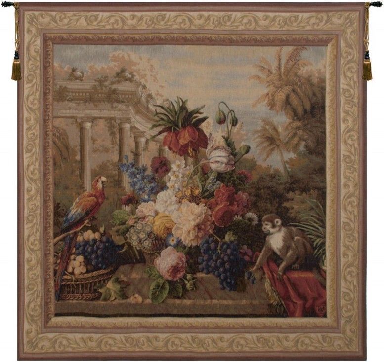 Bouquet Exotique Animals French Wall Tapestry still, life, columns, fruit, grapes, monkeys, parrots, birds