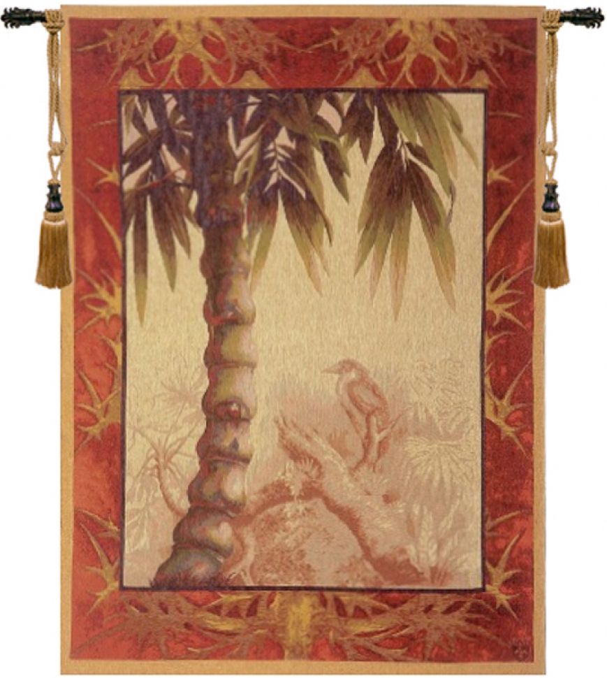Le Palmier French Wall Tapestry palms, trees, tropical, birds, red, border, ficus
