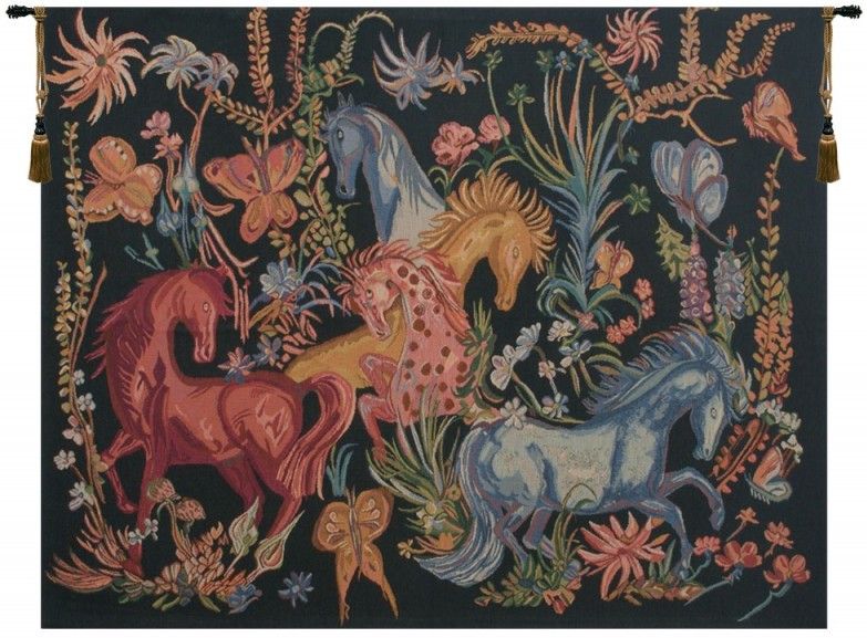 Cheval Azures Belgian Wall Tapestry Hanging, Tapestries, Woven, horses, butterfly, butterflies, tapestries, tapestrys, hangings, and, the