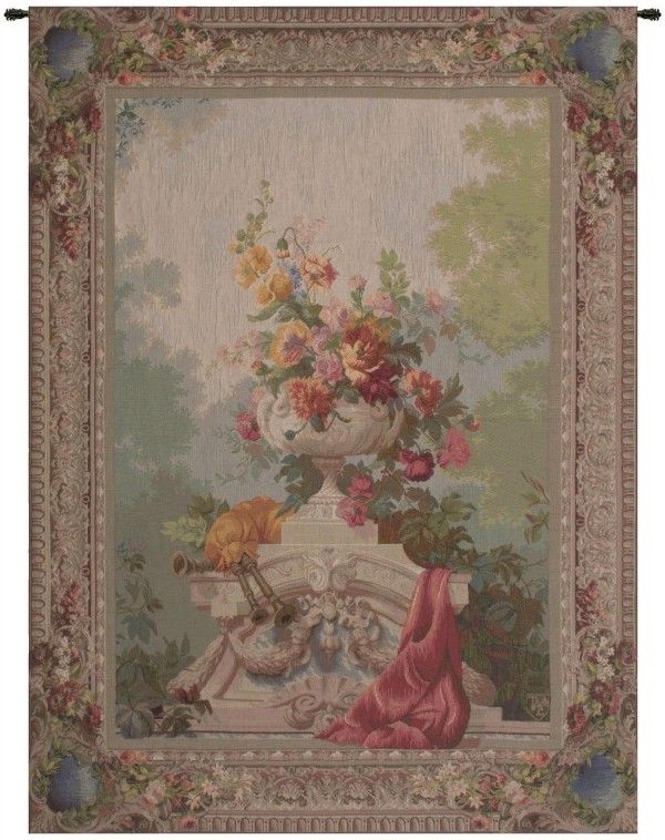 Bouquet Cornemuse French Wall Tapestry Hanging, Tapestries, Woven, still, life, flowers, floral, botanical, border, urn, drape, red, bagpipes, bag, pipes, tapestries, tapestrys, hangings, and, the, wool