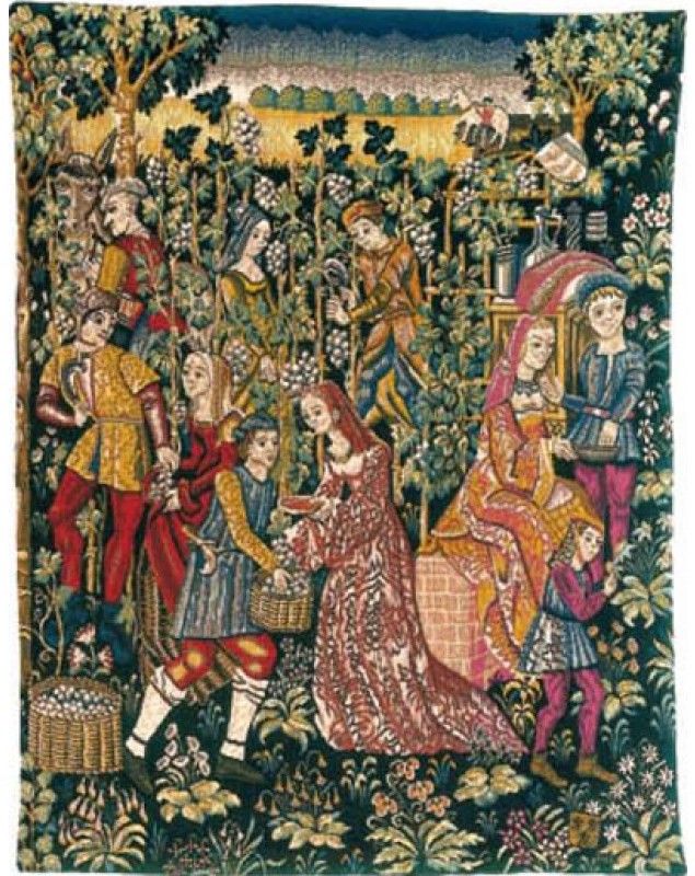 Grape Picking French Wall Tapestry W-7075, 30-39Inchestall, 30-39Incheswide, 30W, 37H, 39W, 50-59Inchestall, 51H, Cueillette, Dark, Floral, Flowers, French, Grape, Grapes, Harvest, La, Plants, Tapestry, Vendange, Vendanges, Vendage, Vendages, Tardive, Late, Harvest, Vertical, Wall, Wine, Frenchwoven, Europeanwoven, tapestries, tapestrys, hangings, and, the, wool, Renaissance, rennaisance, rennaissance, renaisance, renassance, renaissanse, pansu