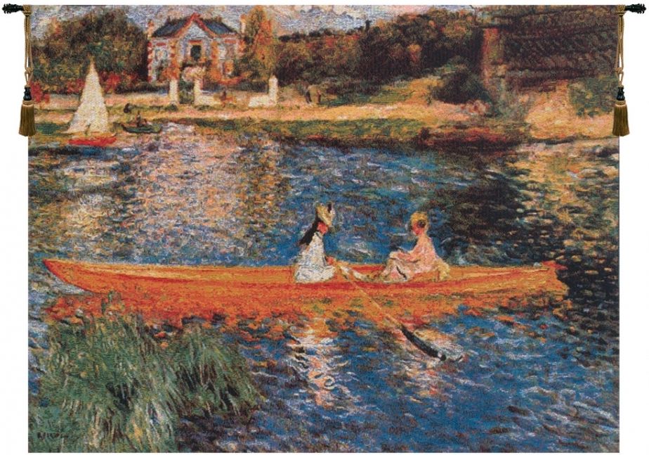 Seine at Asnieres Belgian Wall Tapestry W-7347, 10-29Inchestall, 10-29Incheswide, 18H, 24W, AsnieRes, At, Belgian, Blue, Boats, Green, Horizontal, Orange, Red, Seine, Tapestry, Wall, Belgianwoven, Europeanwoven, tapestries, tapestrys, hangings, and, the, wool, the, skiff, boat, lake