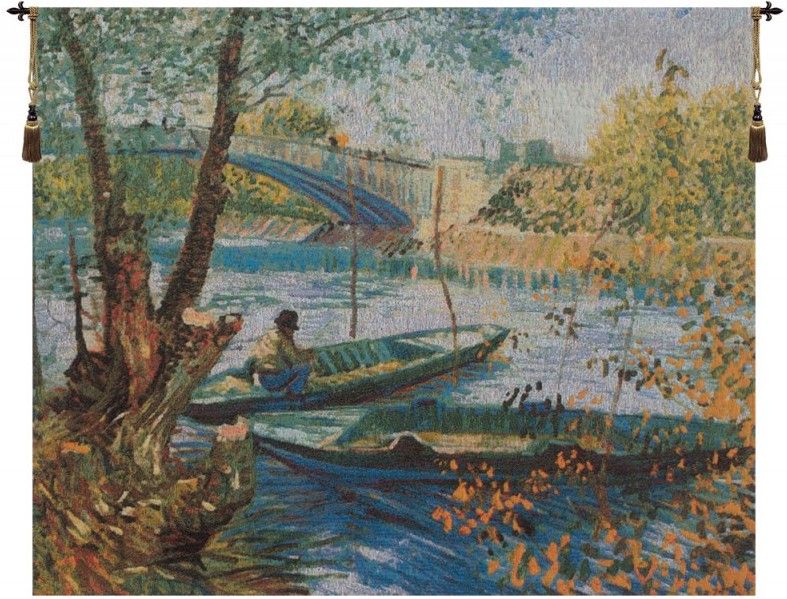 Angler and Boat at Pont de Clichy Belgian Wall Tapestry W-7352, 10-29Inchestall, 10-29Incheswide, 24H, 28W, And, Angler, At, Belgian, Blue, Boat, Brown, Clichy, De, Green, Horizontal, Pont, Tapestry, Wall, Yellow, Belgianwoven, Europeanwoven, tapestries, tapestrys, hangings, and, the, wool