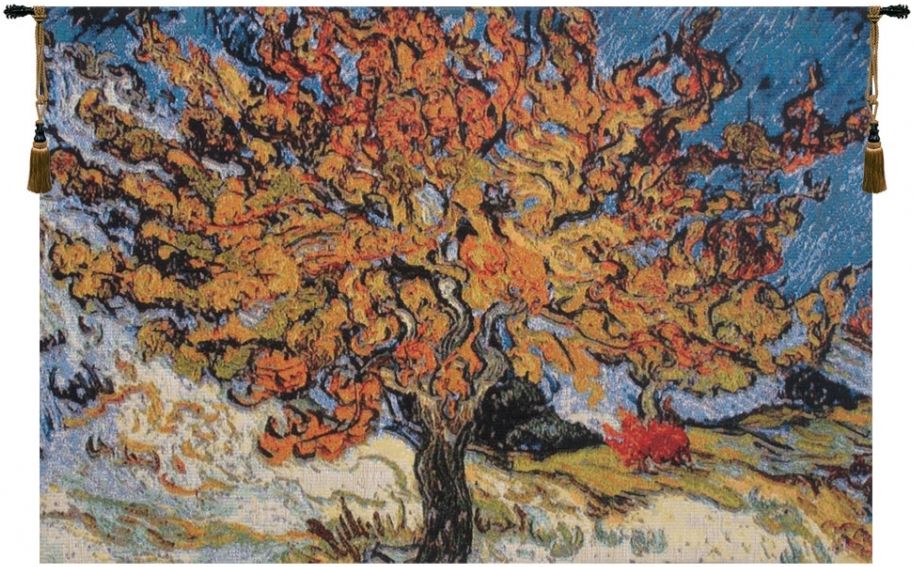 Mulberry Tree Belgian Wall Tapestry W-7353, 10-29Inchestall, 23H, 30-39Incheswide, 36W, Belgian, Blue, Horizontal, Mulberry, Orange, Tapestry, Tree, Wall, Yellow, Belgianwoven, Europeanwoven, tapestries, tapestrys, hangings, and, the, wool