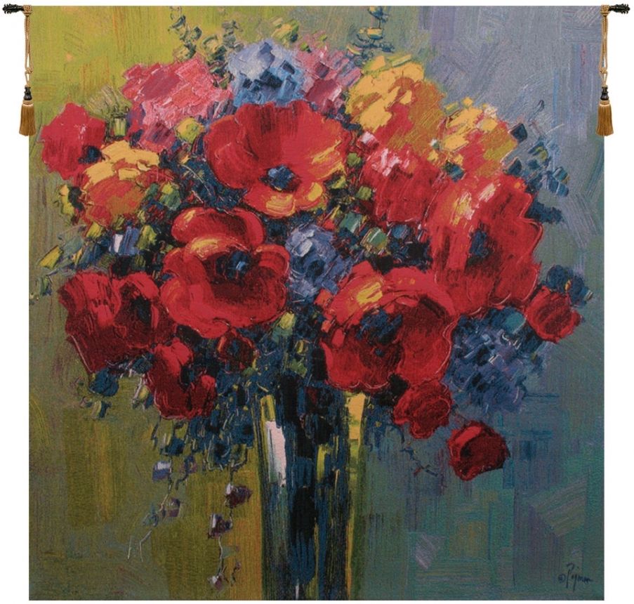 Poppy Bouquet Belgian Wall Tapestry Hanging, Tapestries, Woven, tapestries, tapestrys, hangings, and, the