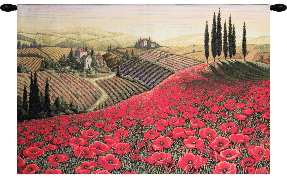 Tuscan Poppy Landscape Italian Wall Tapestry Hanging, Tapestries, Woven, tuscany, italy, italian, tapestries, tapestrys, hangings, and, the