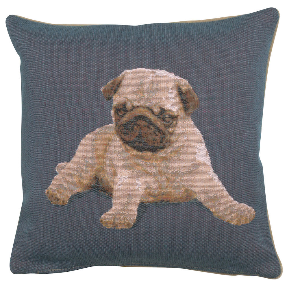 Puppy Pug Blue French Pillow Cover 