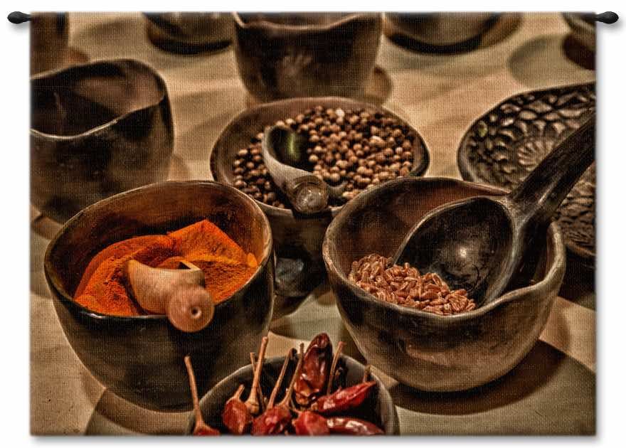 Spice Bowls Wall Tapestry Carolina, USAwoven, Cotton, Hanging, Tapestries, Tapestry, Wall, Woven, Photograph, Photography, Exclusive, indian, cuisine, kitchen, tapestries, tapestrys, hangings, and, the